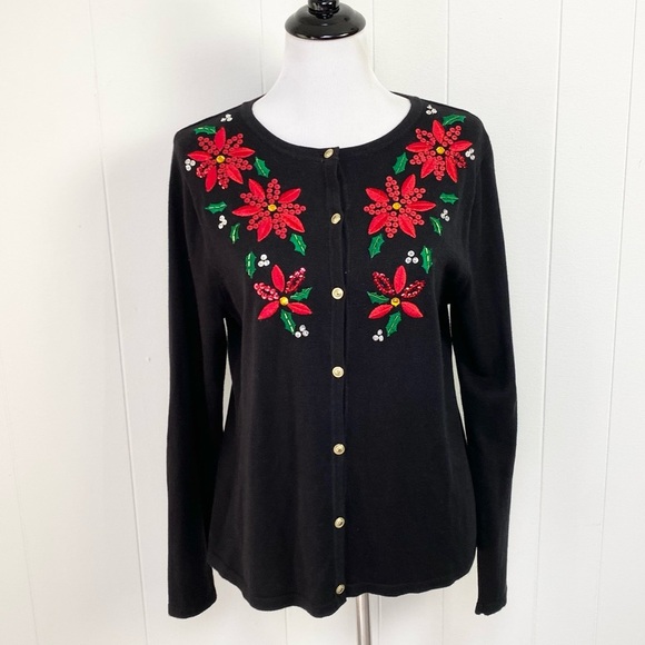 Classic Elements Holiday Poinsettia Cardigan Sweater Sz M Black Sequin Button Up - Picture 1 of 13